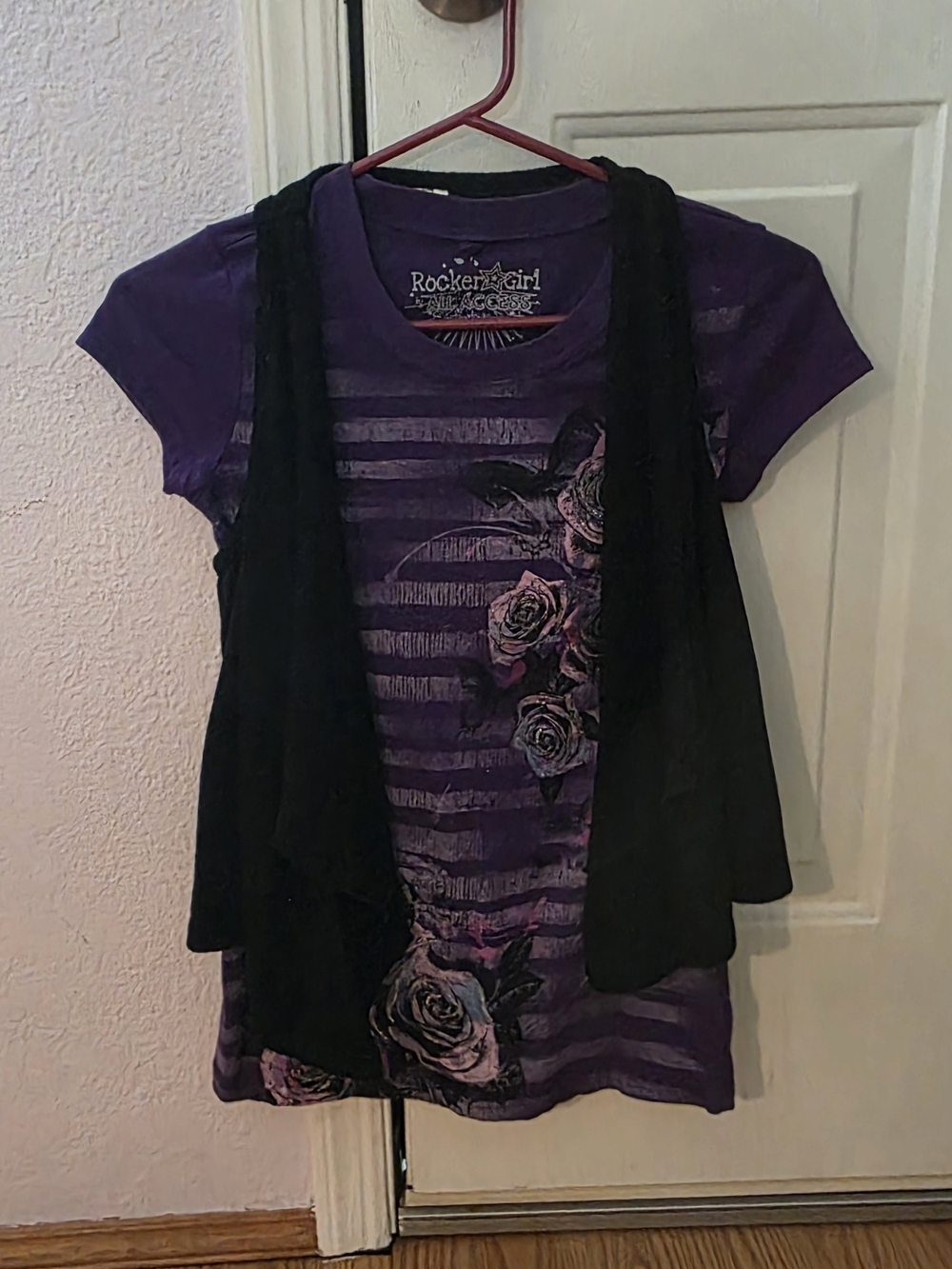 Rocker Girl Small 3-5 Purple Floral Graphic Tee with Black Vest